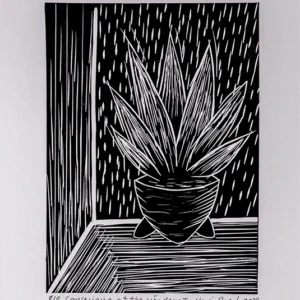 Linoldruck Schwarz-Weiss Sansevieria am Fenster I