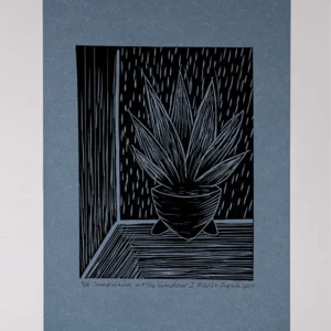 Linoleumdruck Blau Sansevieria am Fenster I - Format A4 - Pflanzen und Kunst