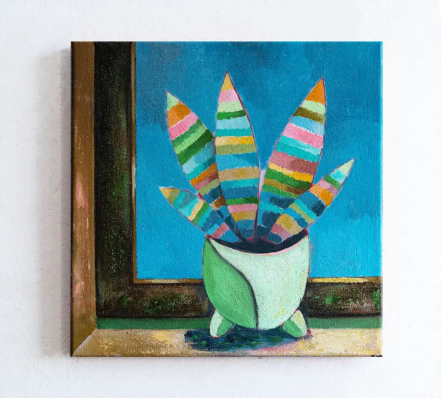 Sansevieria am Fenster mit blauem Himmel