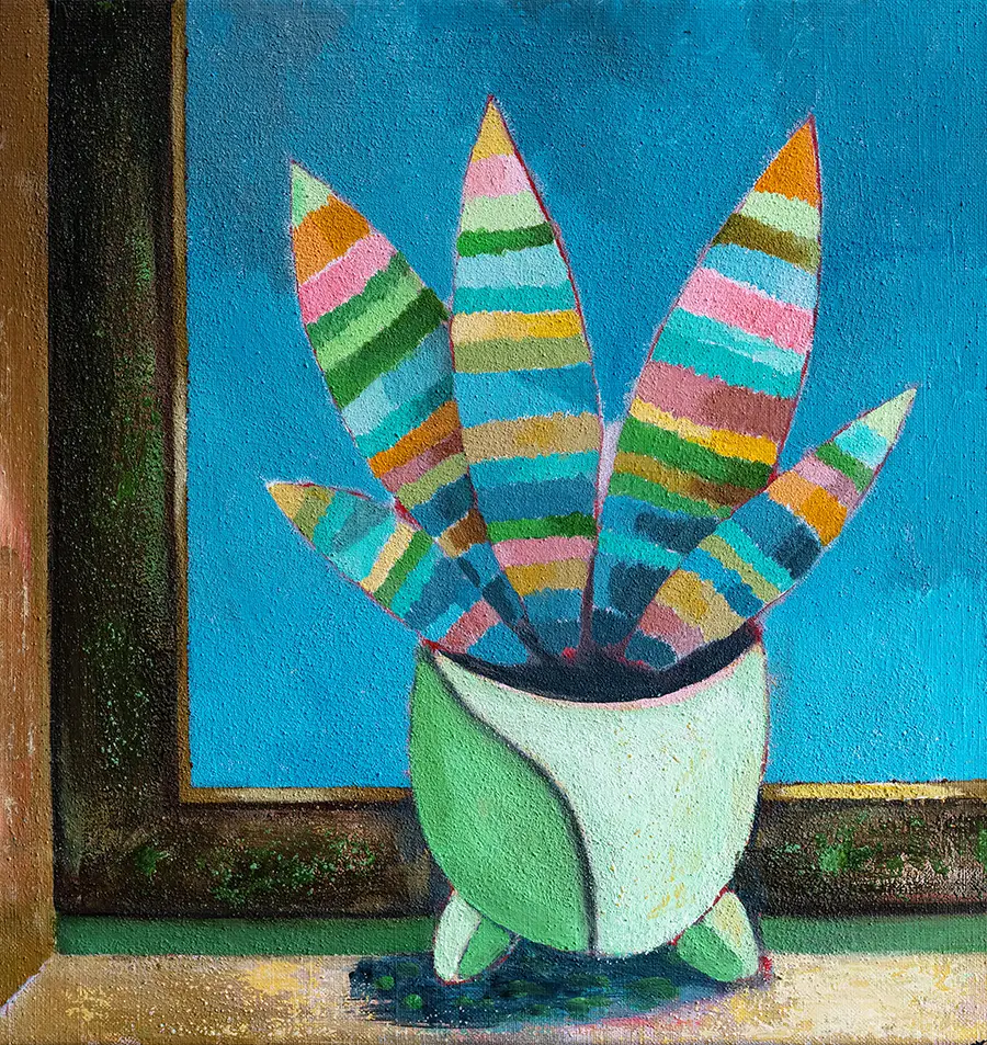 Sansevieria am Fenster mit blauem Himmel